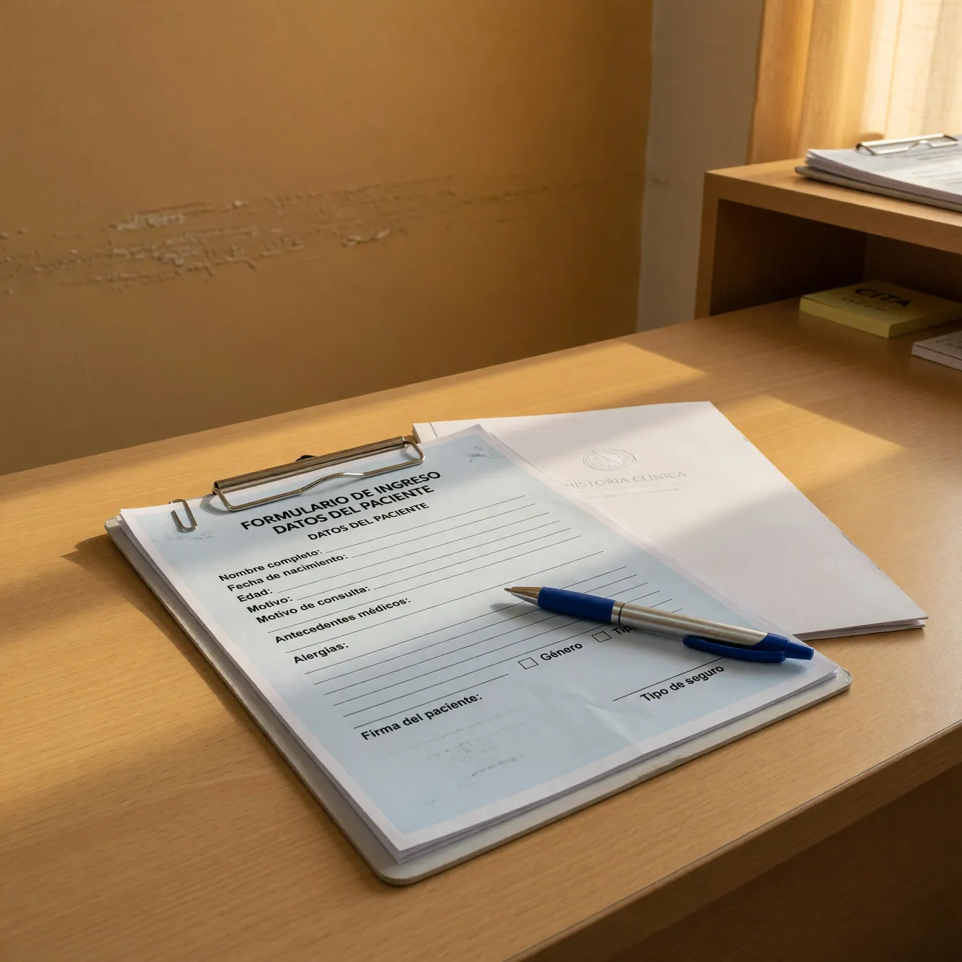 Clinical intake clipboard and medical documentation on a desk in a hospital waiting room