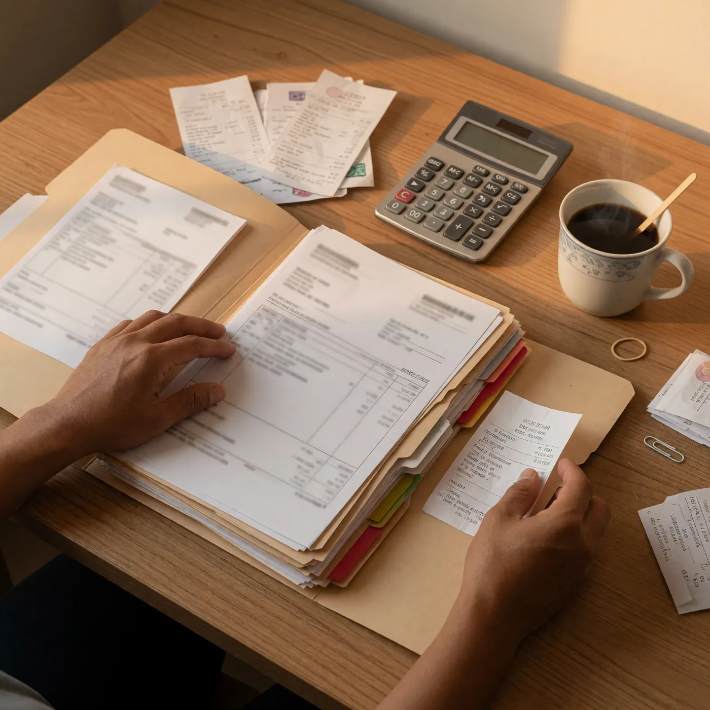 Manos organizando carpetas contables, recibos y una calculadora sobre un escritorio