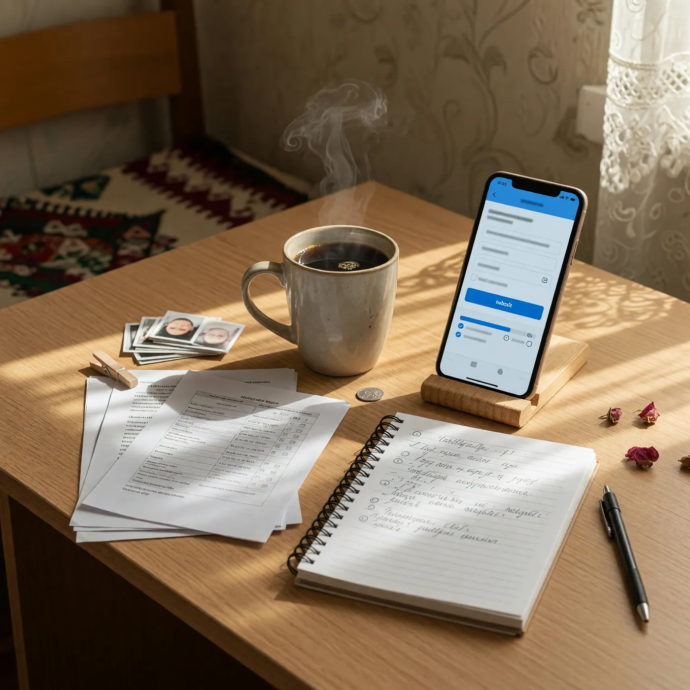 Escritorio de trabajo en casa en Armenia con smartphone mostrando solicitud de empleo, junto a un tinto y una libreta con metas escritas a mano