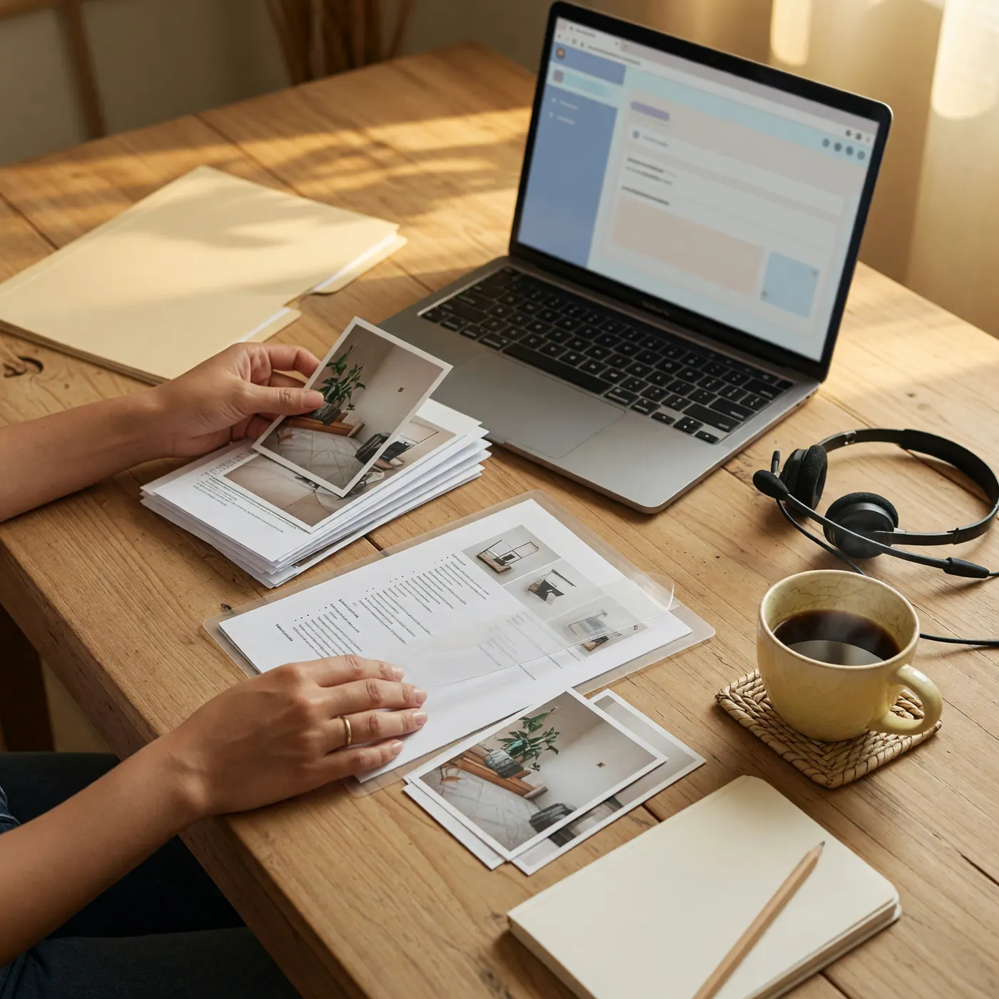 Escritorio de trabajo con computador, diadema y taza de café