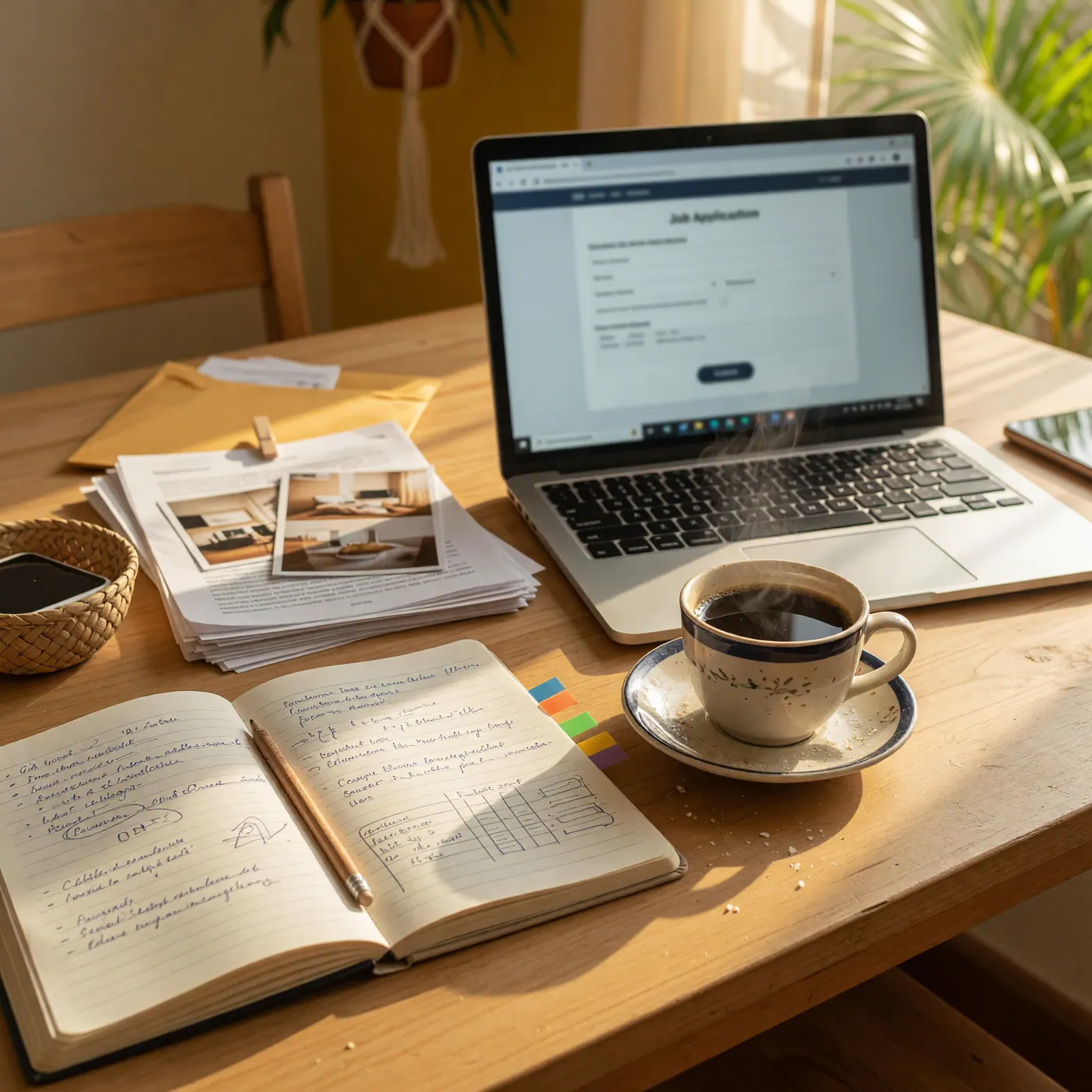 Espacio de trabajo en hogar colombiano con laptop, pocillo de café y cuaderno de notas para trabajo remoto