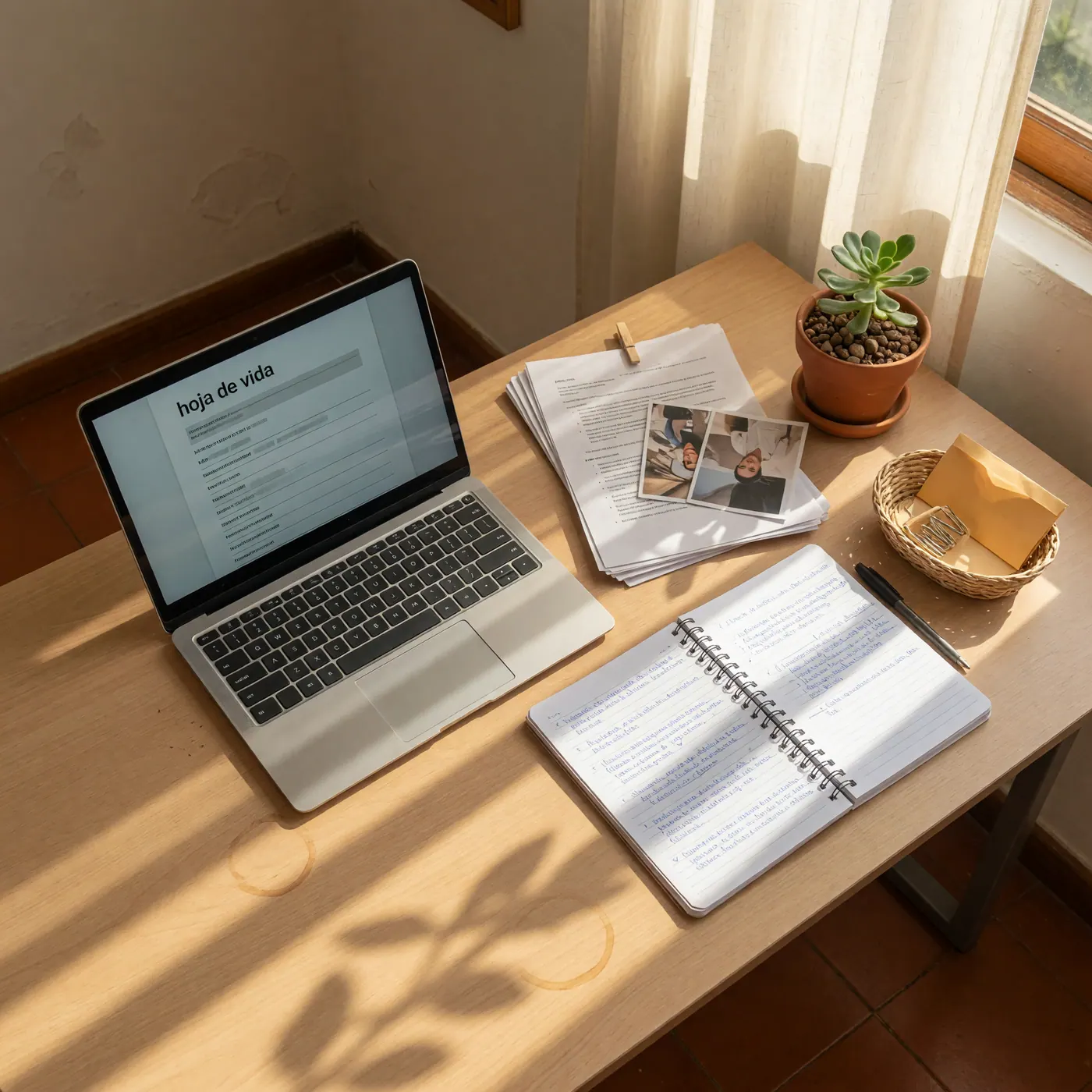 Escritorio de home office en Bogotá con laptop mostrando una hoja de vida en pantalla y un cuaderno con notas de búsqueda de empleo