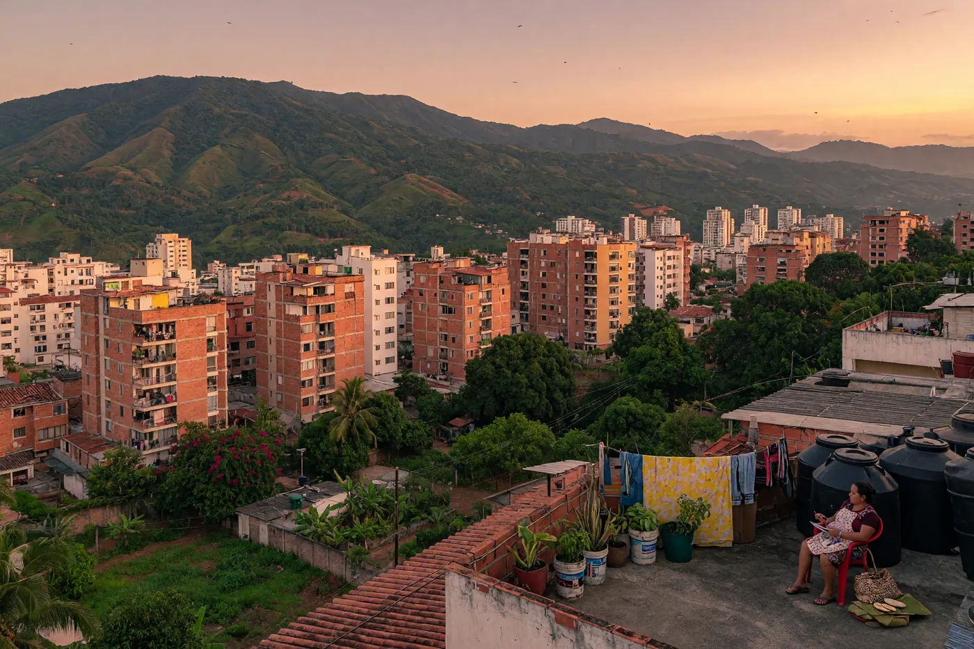 Vista panorámica de Bucaramanga, Santander, con torres residenciales de ladrillo entre vegetación verde y montañas bajo un cielo cálido al atardecer