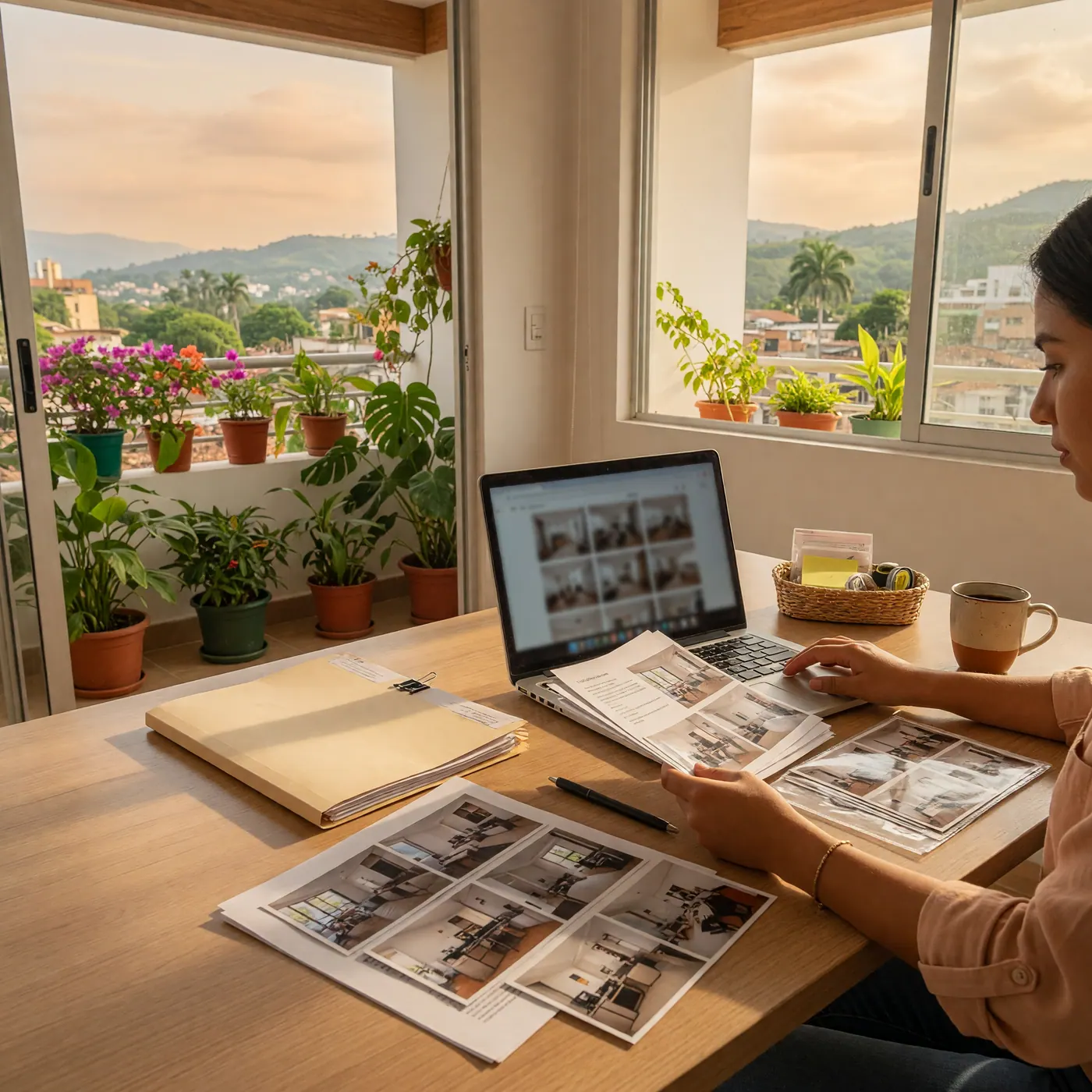 Profesional colombiano joven trabajando en laptop en un apartamento moderno y luminoso en Bucaramanga, con ventana y balcón con plantas verdes al fondo