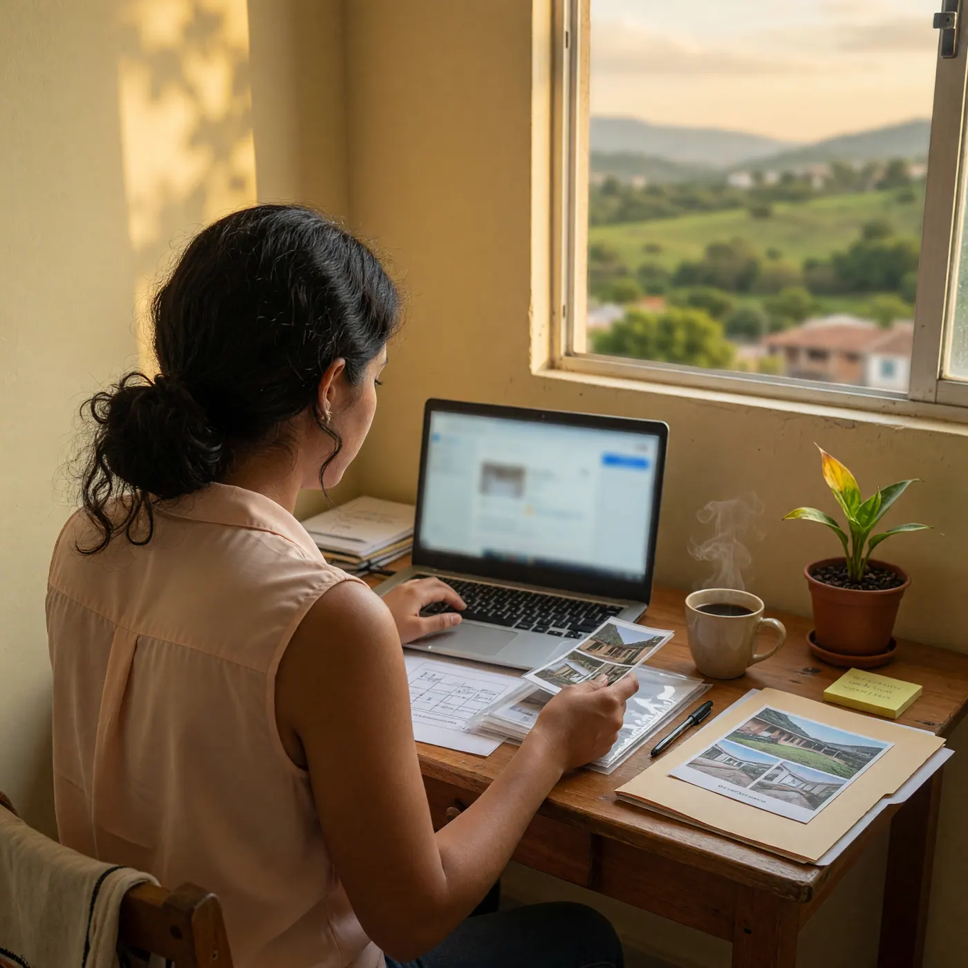 Profesional trabajando en un portátil junto a una taza de café y una planta en una habitación iluminada.