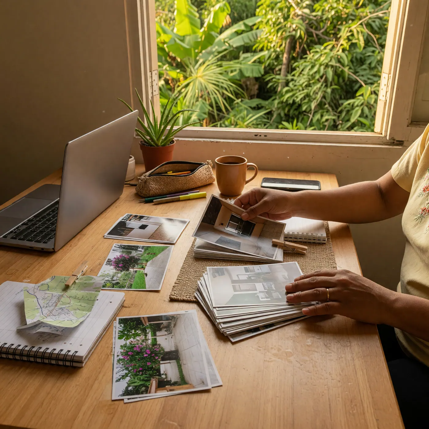 Profesional trabajando en un portátil en un escritorio de madera en Florencia, Caquetá, con árboles tropicales visibles por la ventana.