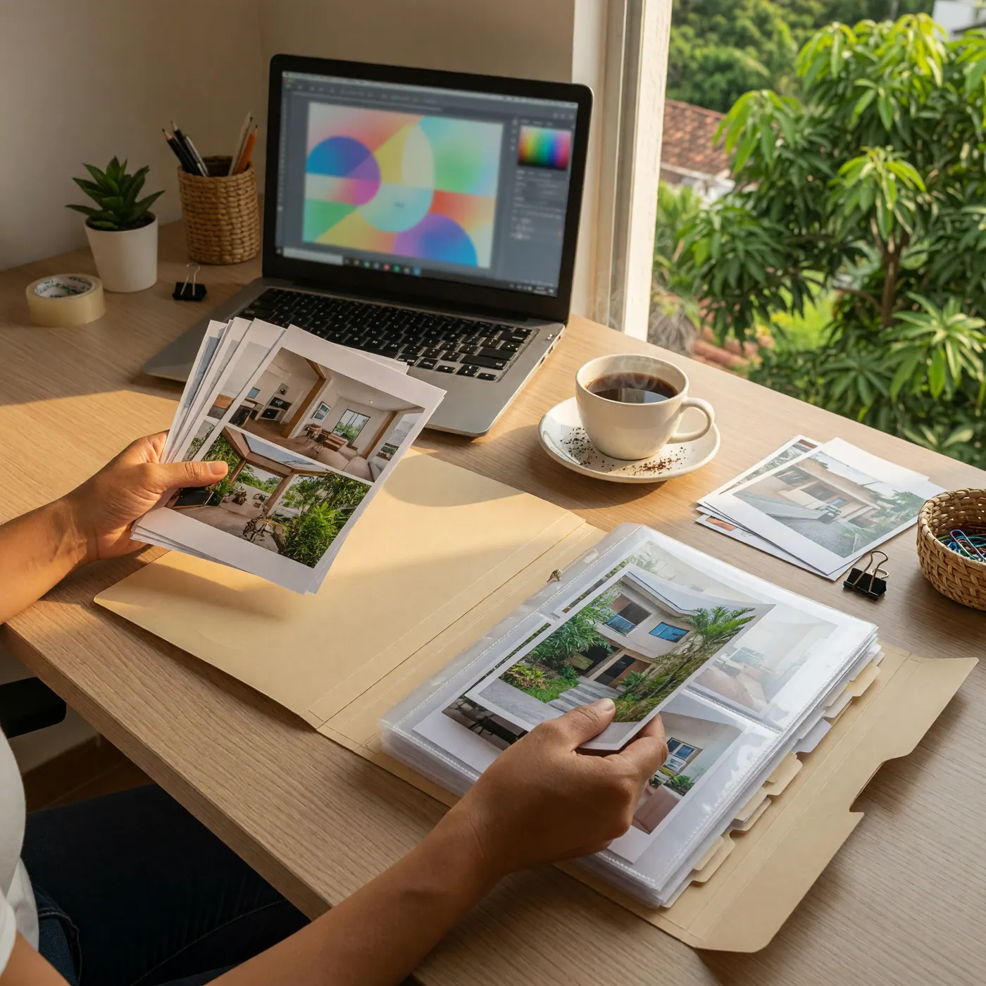 Espacio de trabajo en casa con portátil, taza de café, fotografías impresas y árboles tropicales junto a la ventana.