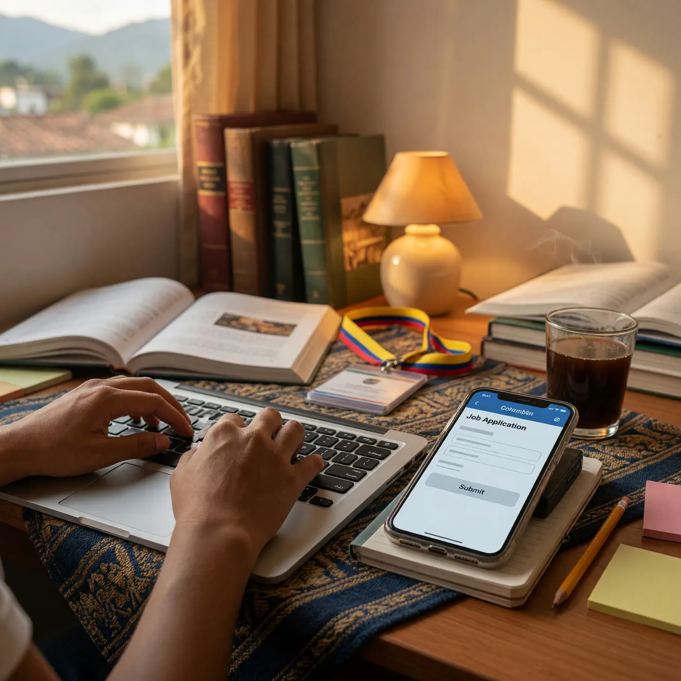 Manos de estudiante escribiendo en laptop junto a smartphone con interfaz de solicitud de empleo, escritorio universitario de estudio con libros y lámpara