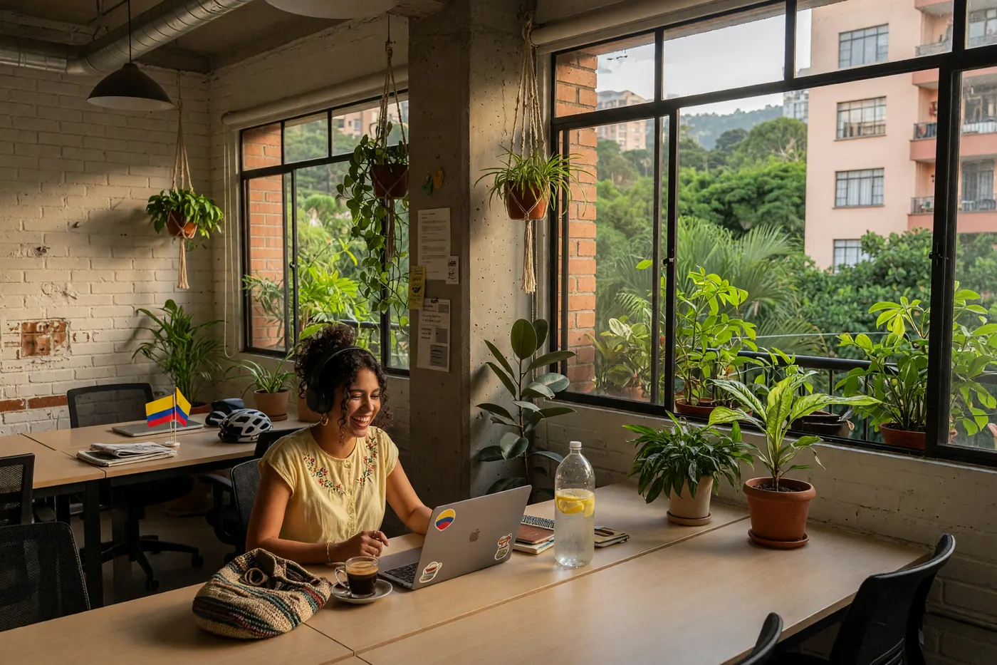 Joven profesional trabajando en su laptop con audífonos en un coworking luminoso rodeado de plantas en Medellín