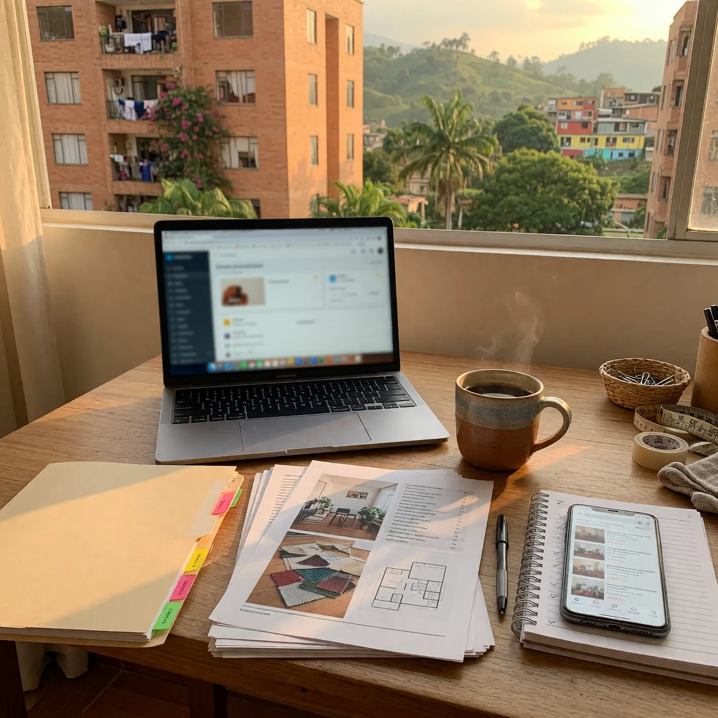 Home office en Medellín: laptop con panel de atención al cliente, taza de café colombiano y vista de las colinas verdes de la ciudad al fondo de la ventana