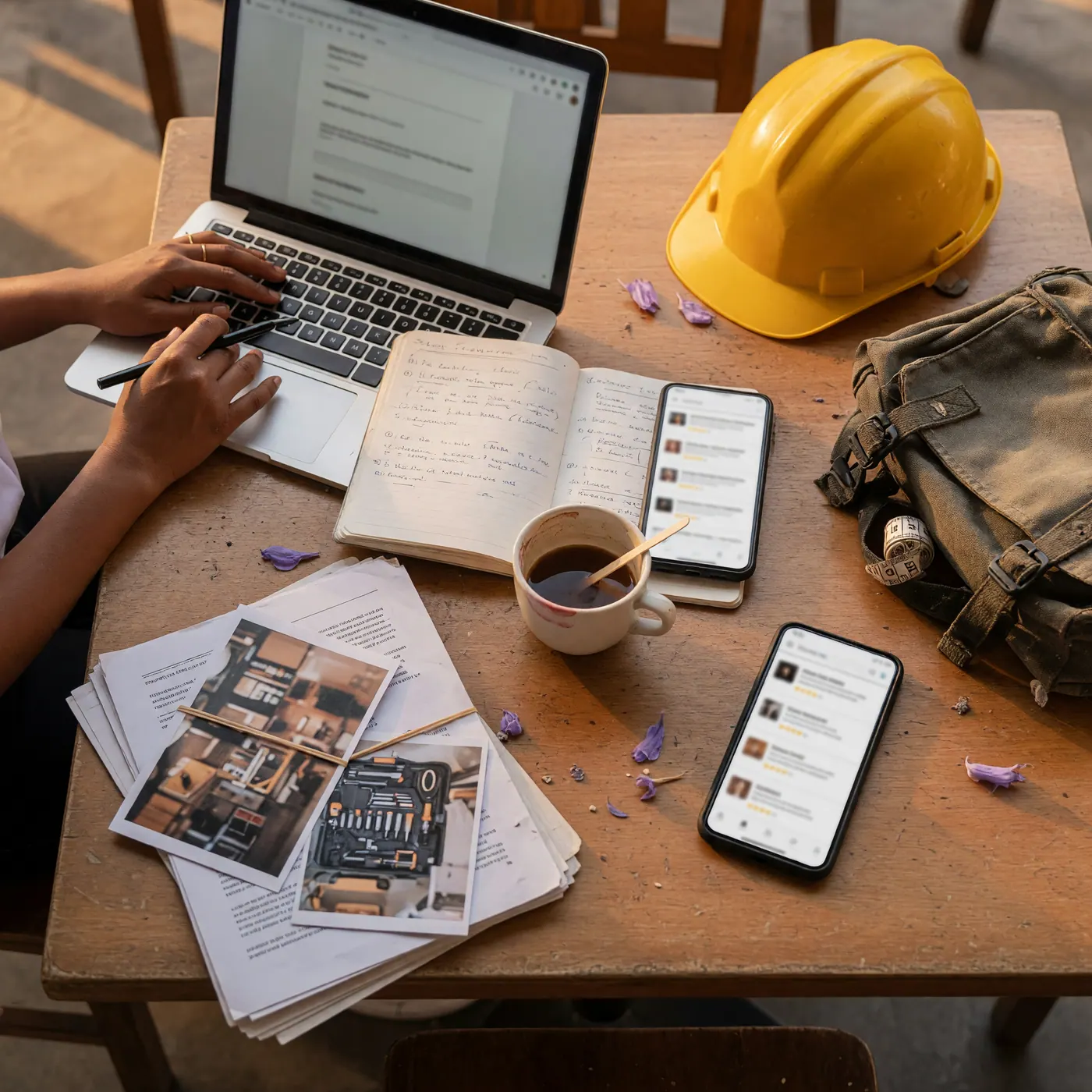 Persona colombiana escribiendo una vacante de empleo o su hoja de vida en un laptop y celular sobre una mesa sencilla, con un cuaderno y un maletín de servicio al lado