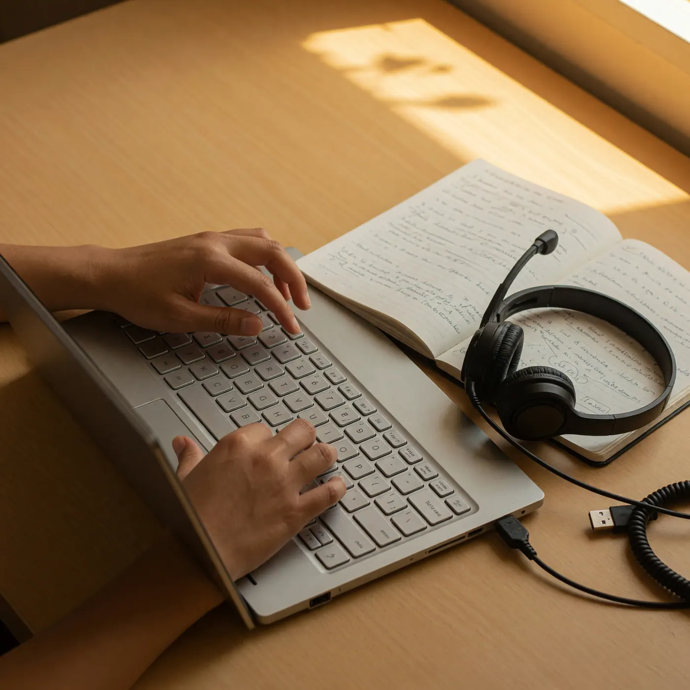 Manos escribiendo en un computador portátil junto a unos audífonos de diadema para teletrabajo.
