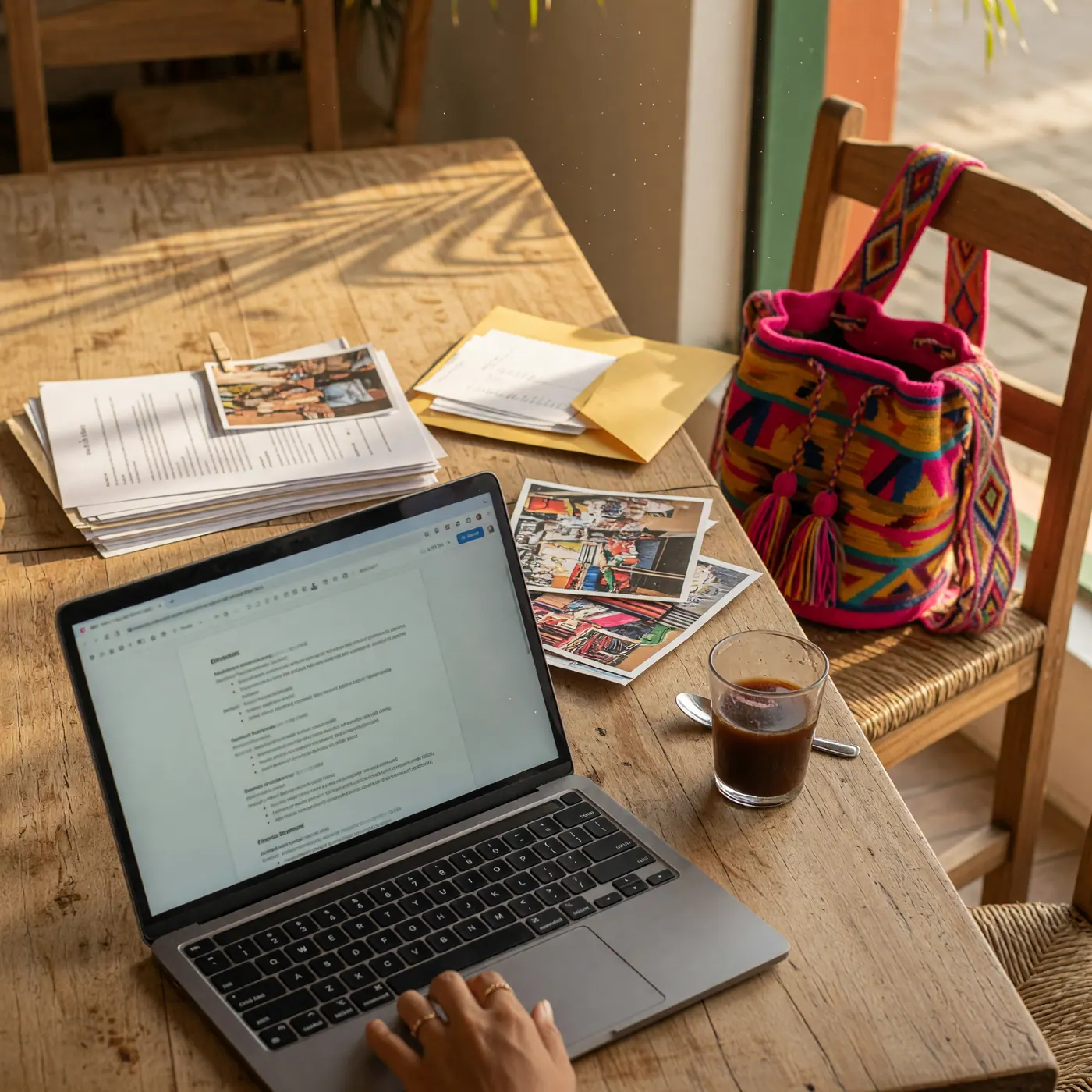 Computador portátil con una hoja de vida sobre una mesa de café y una mochila Wayuu al fondo.