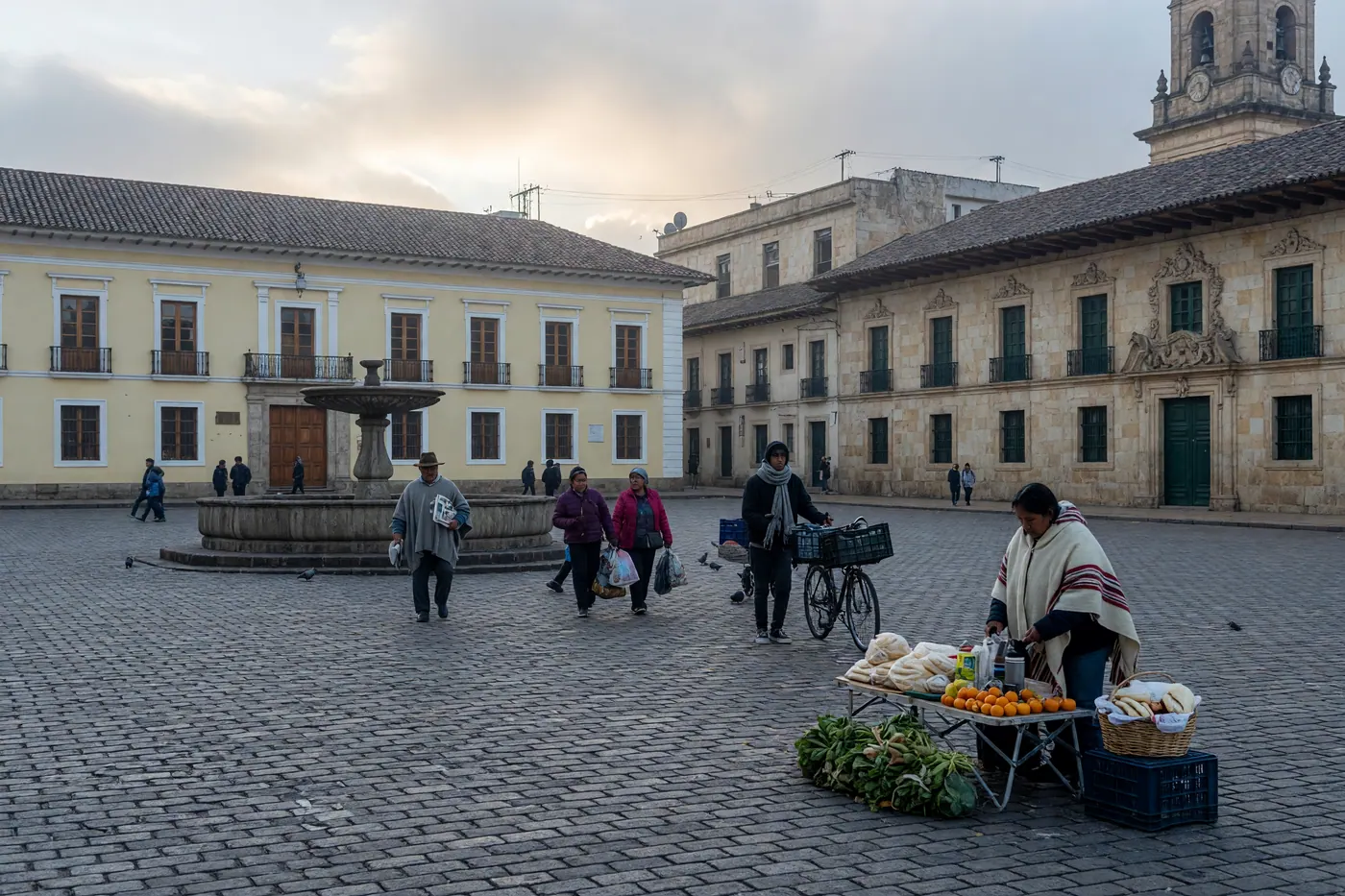 Vista amplia de la Plaza de Bolívar en Tunja, Boyacá, con arquitectura colonial y personas caminando con ropa abrigada bajo un cielo nublado