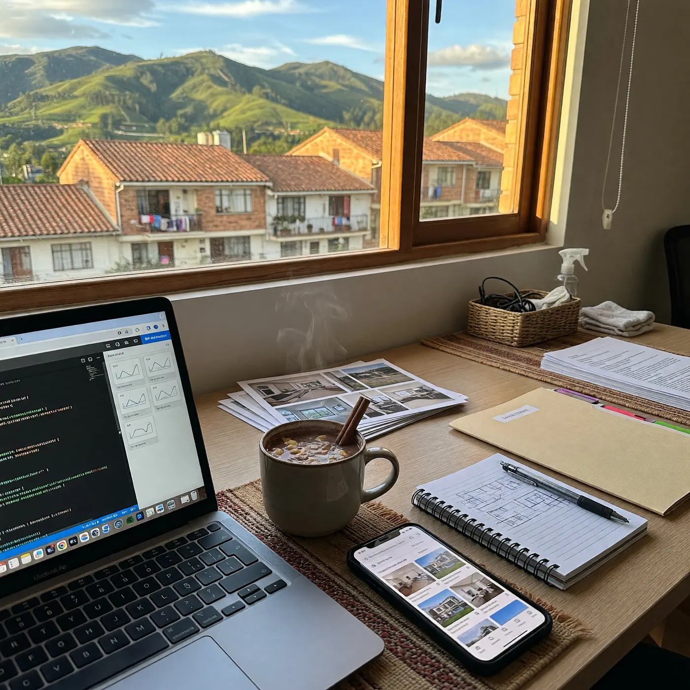 Un escritorio de home office con un laptop y una taza humeante de chocolate frente a una ventana con vista a las colinas de Tunja
