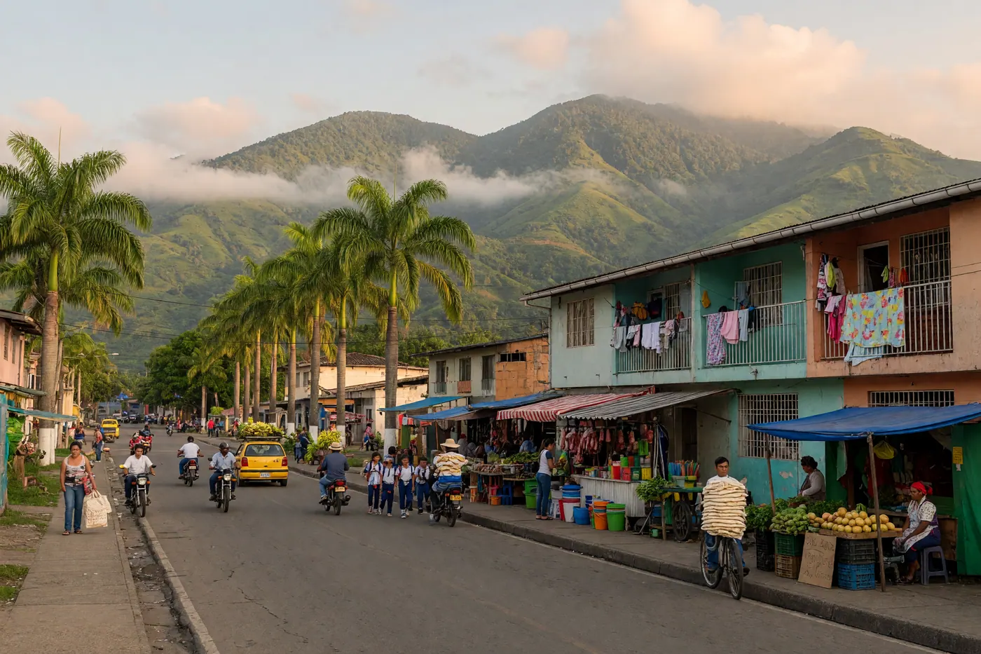 Avenida concurrida en Villavicencio con palmeras y las verdes estribaciones de la cordillera oriental al fondo.