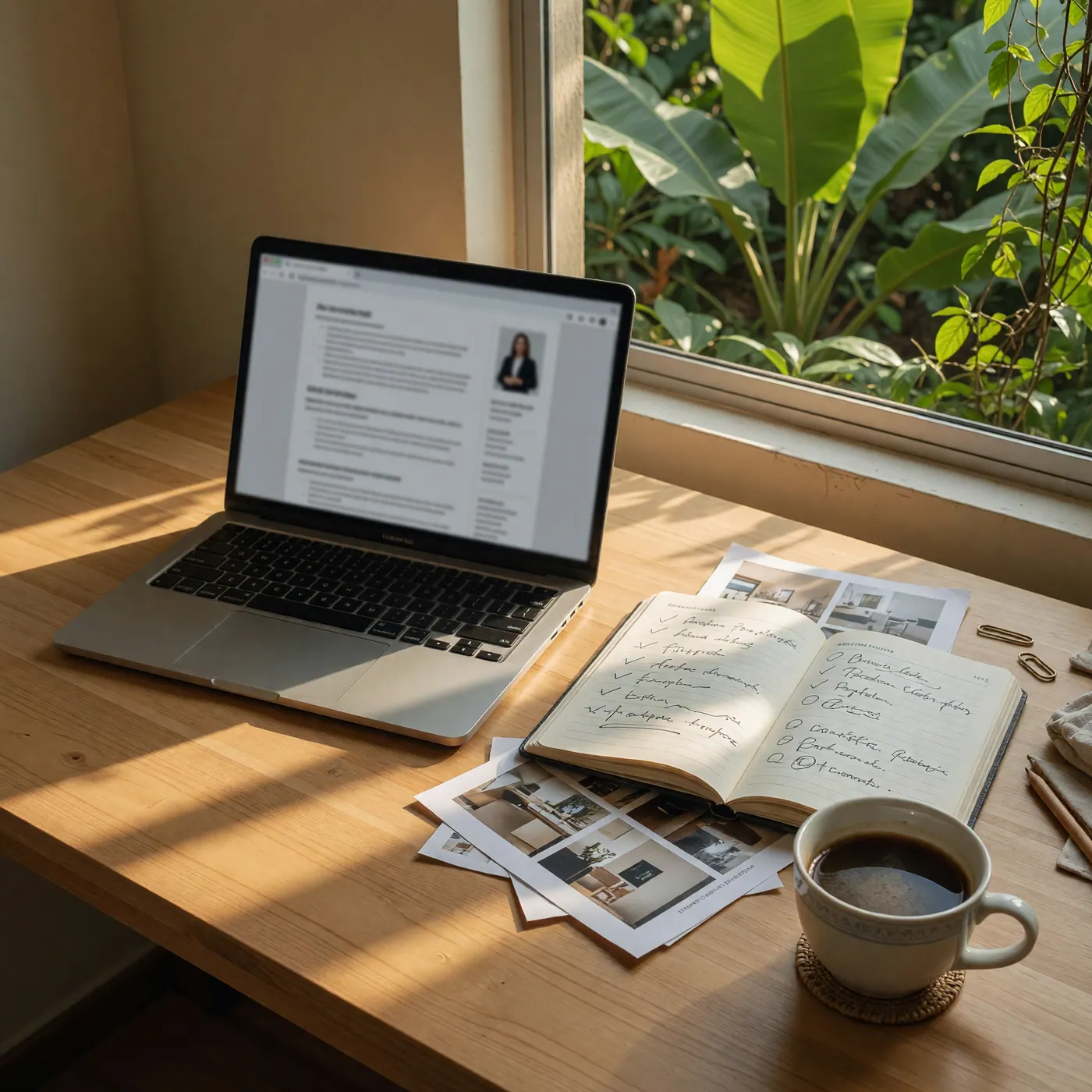 Portátil sobre un escritorio de madera con una taza de café colombiano y un cuaderno de notas en una habitación luminosa.