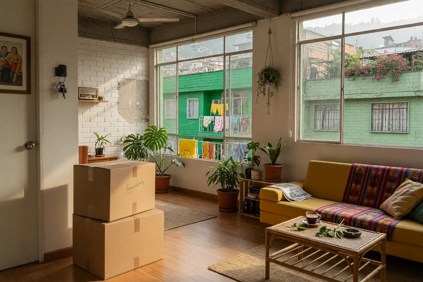 Cardboard moving boxes on a wooden floor in a bright Colombian apartment with brick buildings visible through the window.