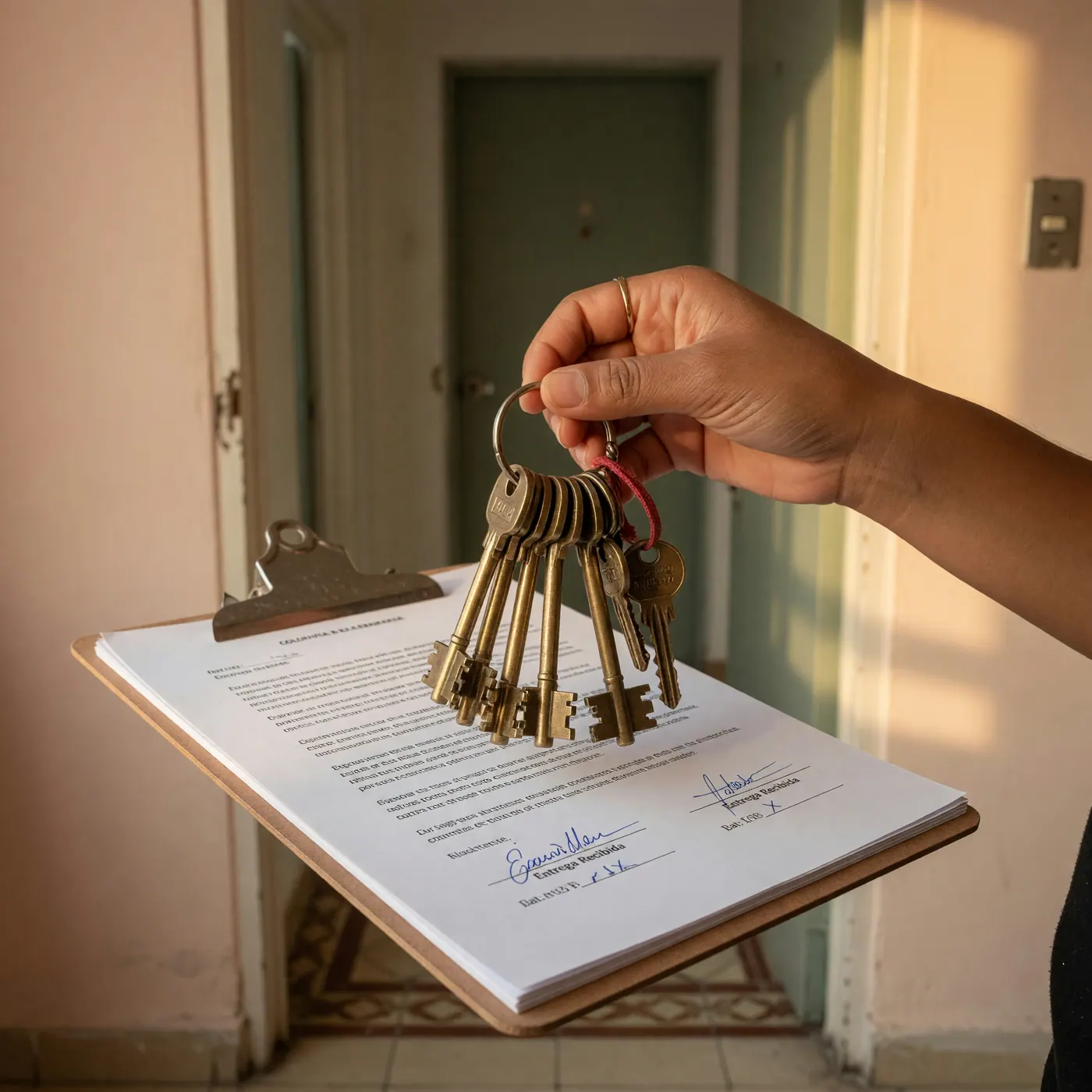 A hand holding apartment keys over a signed handover document in Colombia.