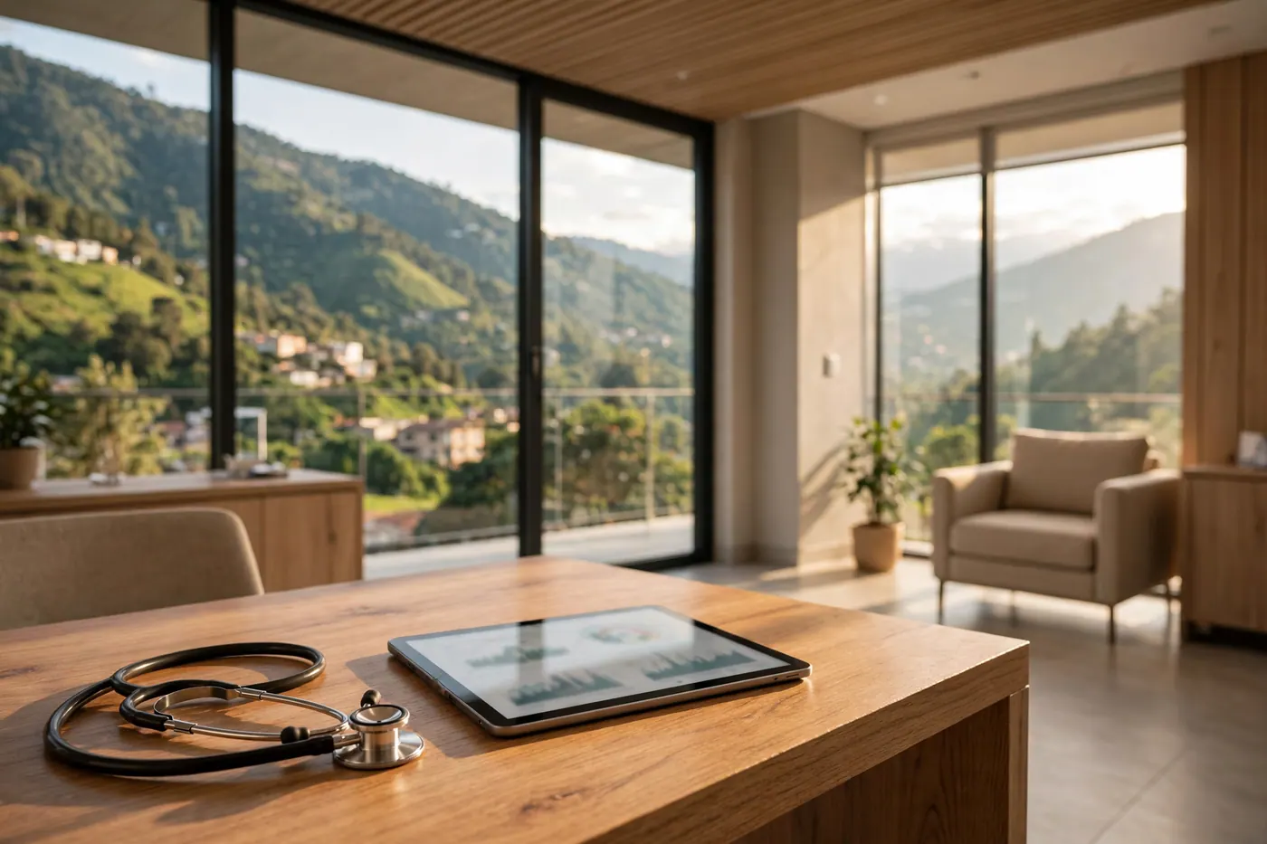 Wooden clinic desk with a stethoscope and a tablet, facing floor-to-ceiling windows and green mountain slopes