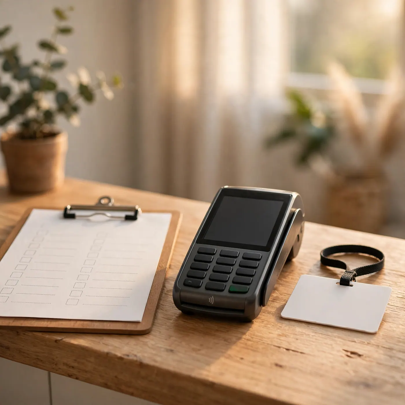 Clinic counter with a clipboard form, a card payment terminal, and a blank identification badge