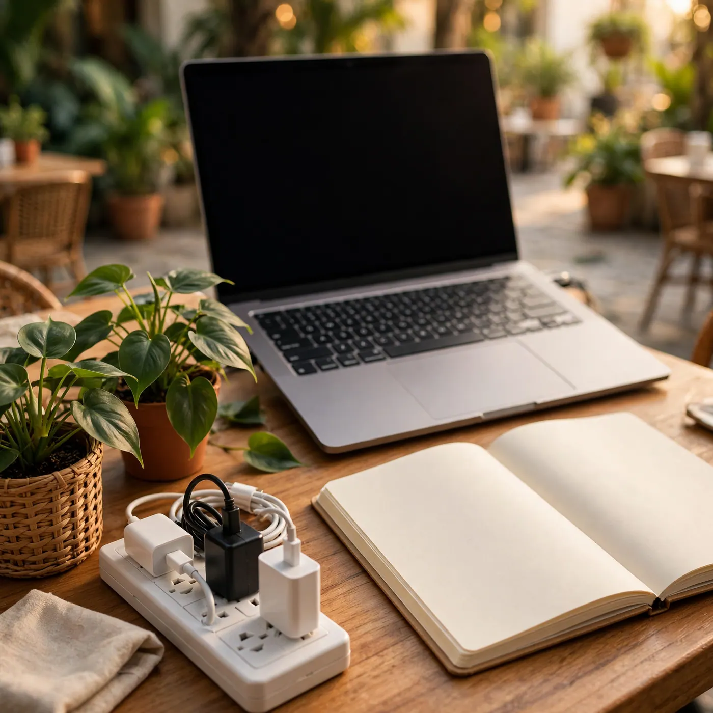 Laptop, notebook, and power adapters on a cafe table with a potted philodendron and garden patio behind