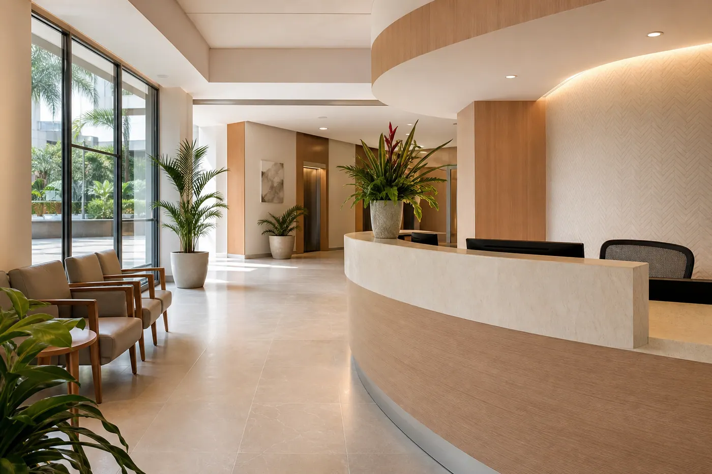 Modern Colombian healthcare clinic reception area with warm natural light