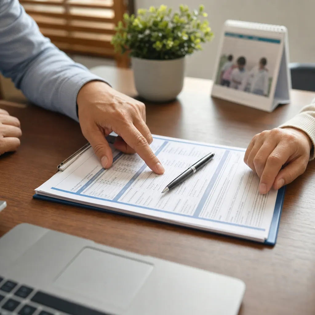 Hands reviewing EPS health insurance enrollment form at a desk in Colombia