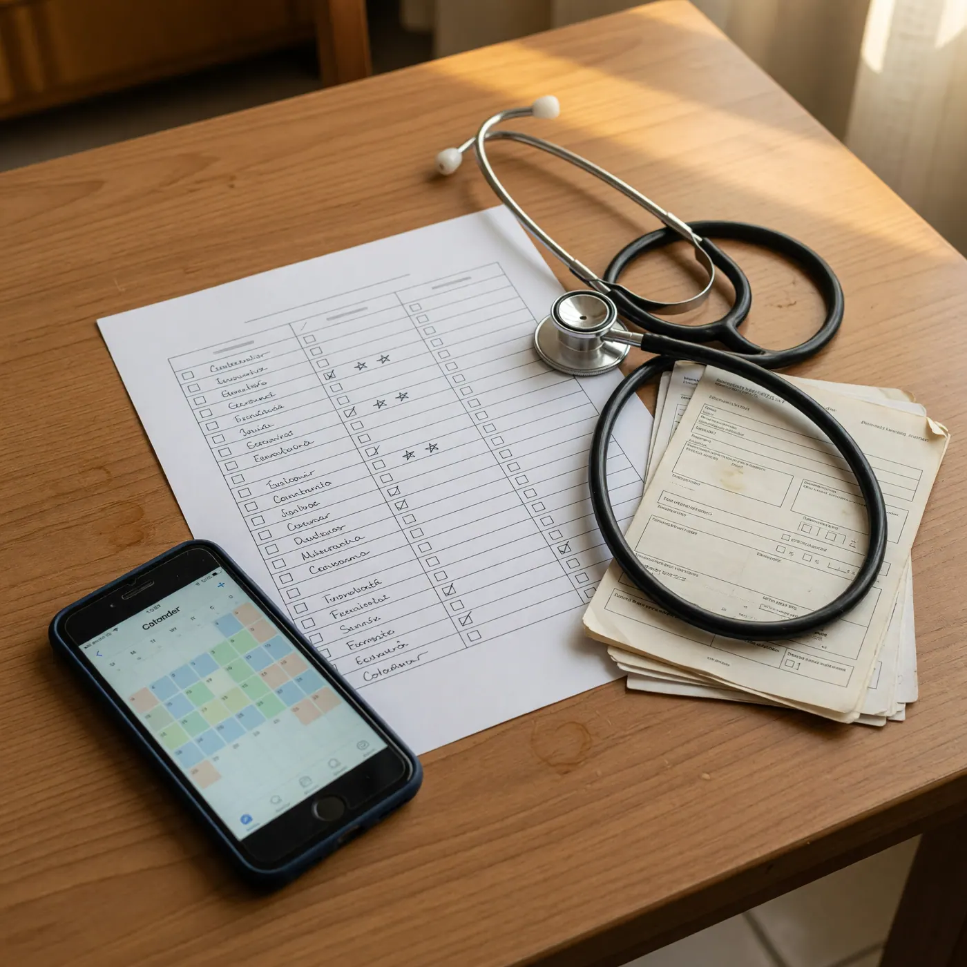Healthcare comparison checklist, stethoscope, documents and a phone calendar on a table