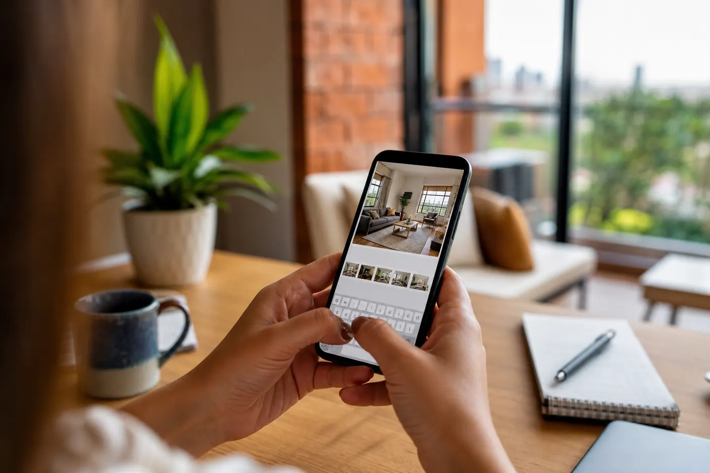 Manos escribiendo un anuncio en el celular con luz natural — guía para vendedores colombianos