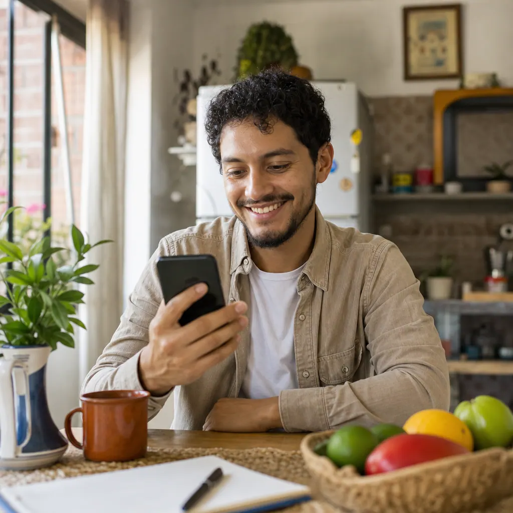 Vendedor colombiano revisando mensajes de compradores en su teléfono con satisfacción