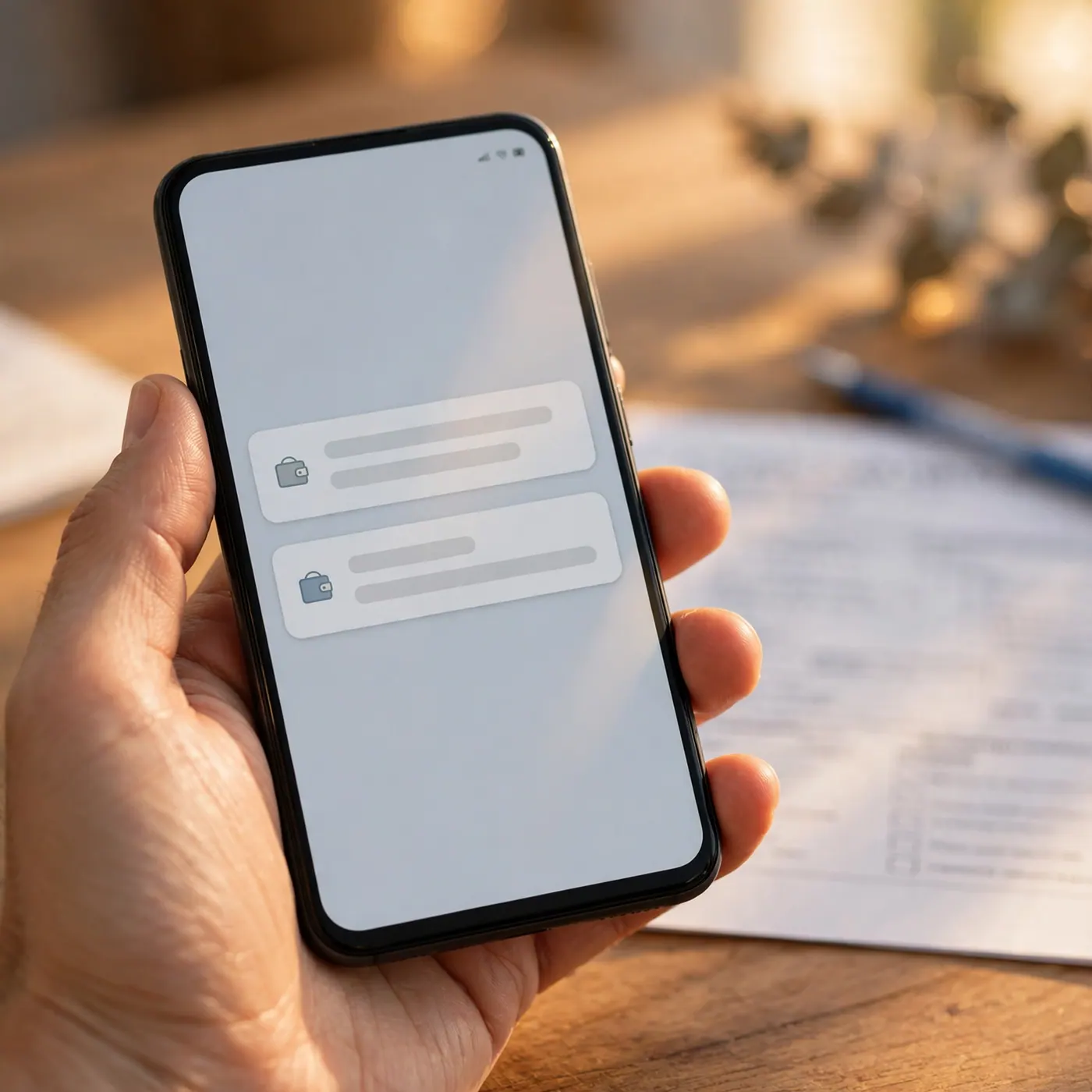 Una mano sostiene un celular con dos recuadros de balance sin cifras legibles y un formulario de compraventa desenfocado sobre un escritorio de madera