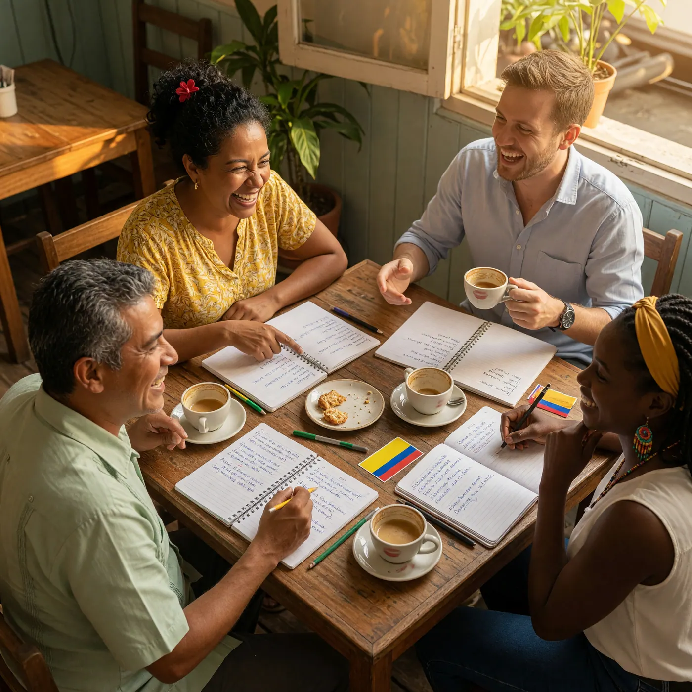 Personas conversando en un café de Colombia durante un intercambio de idiomas