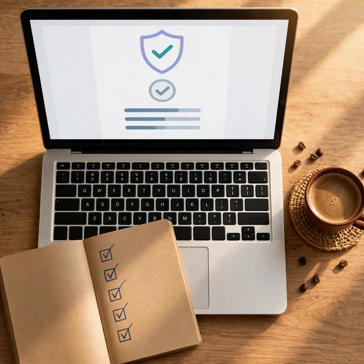 Portátil abierto con un escudo de verificación, libreta con checklist y taza de café sobre un escritorio de madera