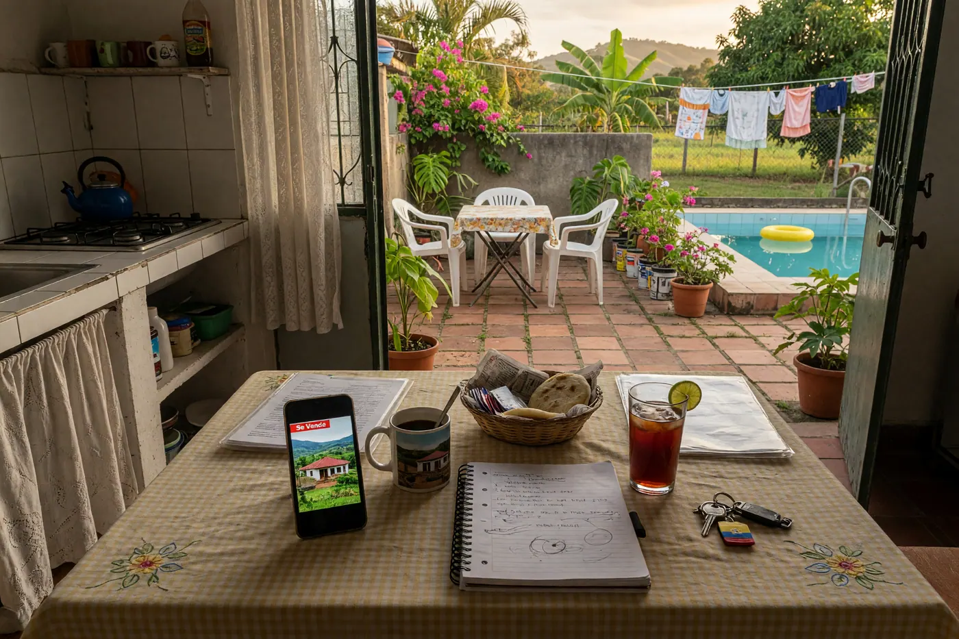 Mesa de cocina colombiana con celular, cuaderno y vista a un patio de finca con piscina al atardecer