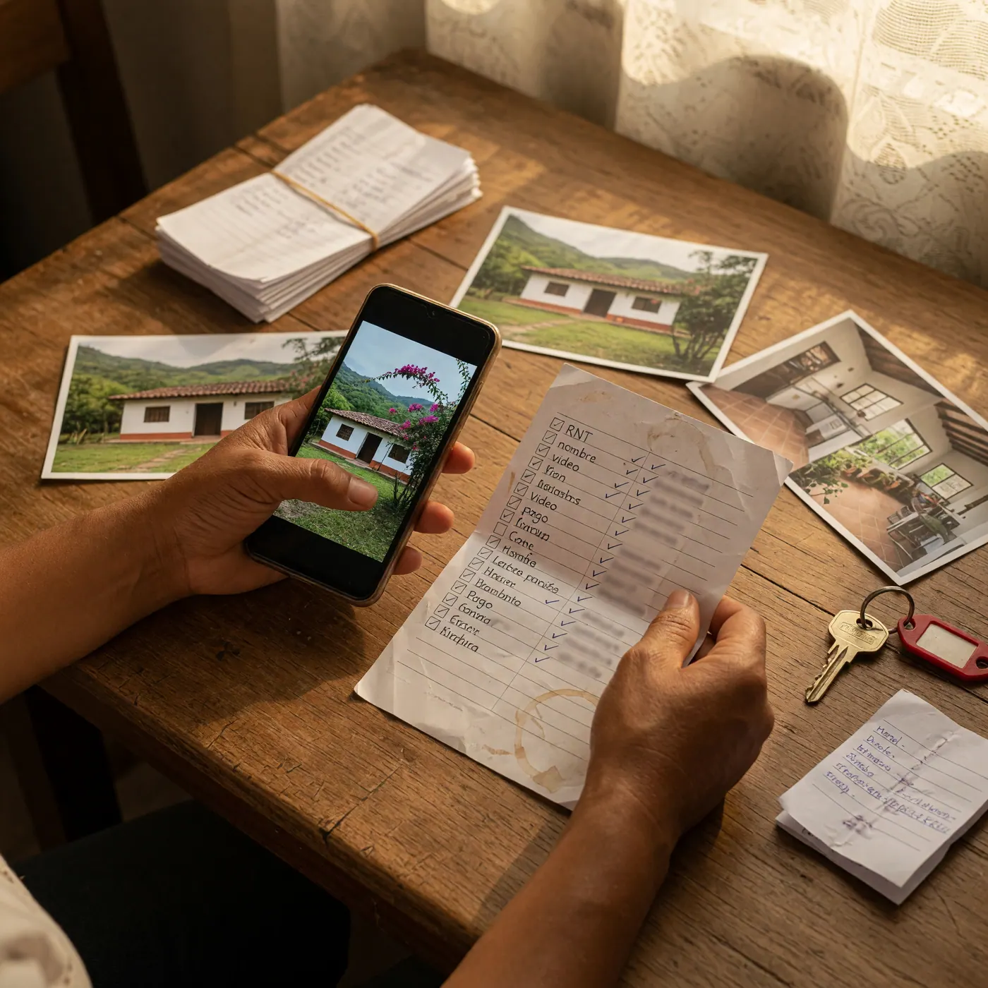 Manos comparando un anuncio de finca en el celular con una lista manuscrita de verificación
