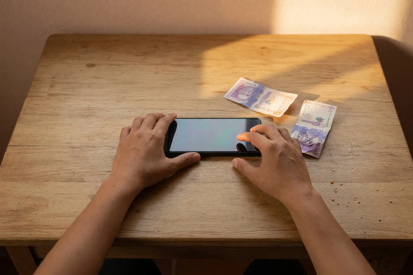 Manos revisando un teléfono junto a billetes sobre una mesa de madera