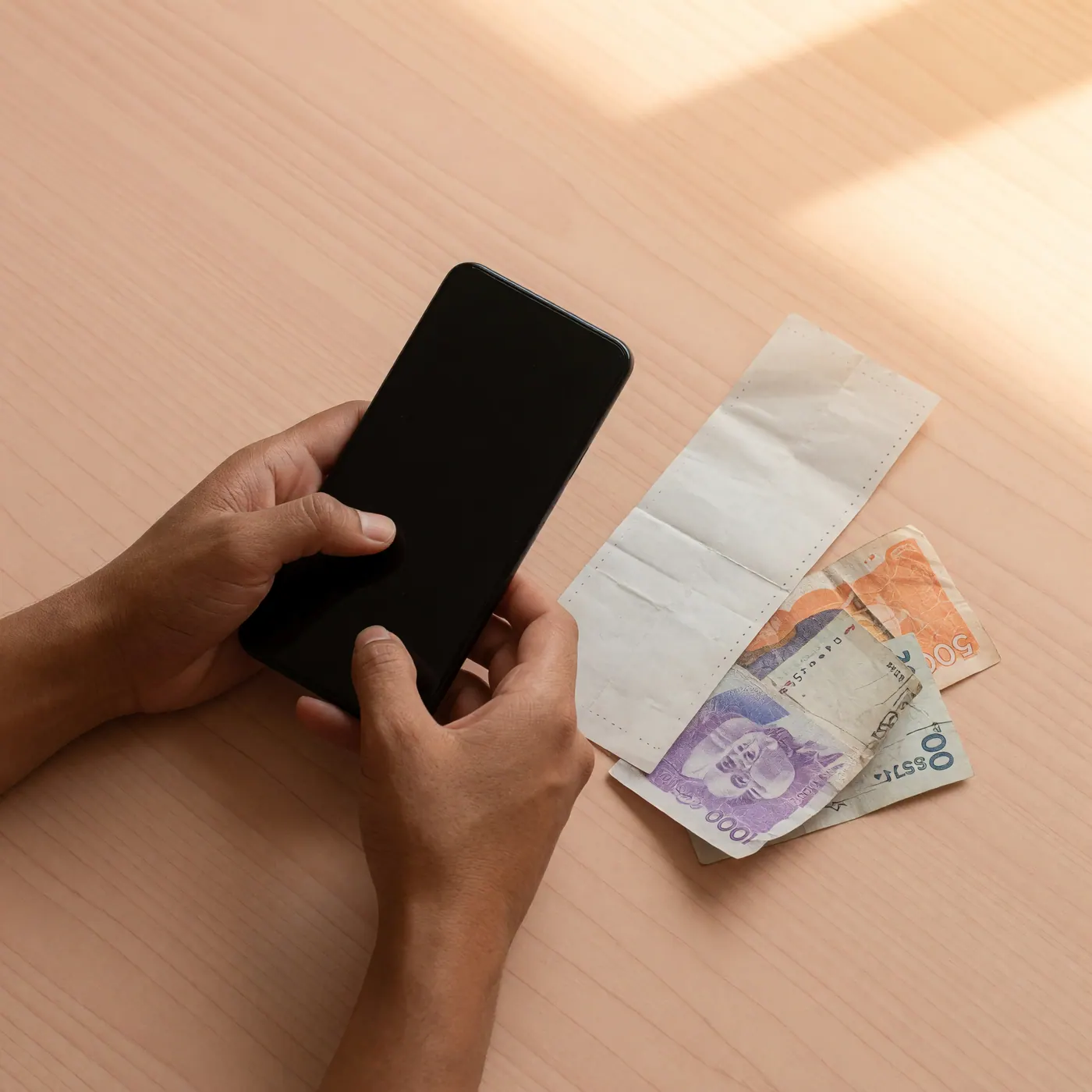 Manos con un teléfono, un recibo en blanco y billetes sobre una mesa