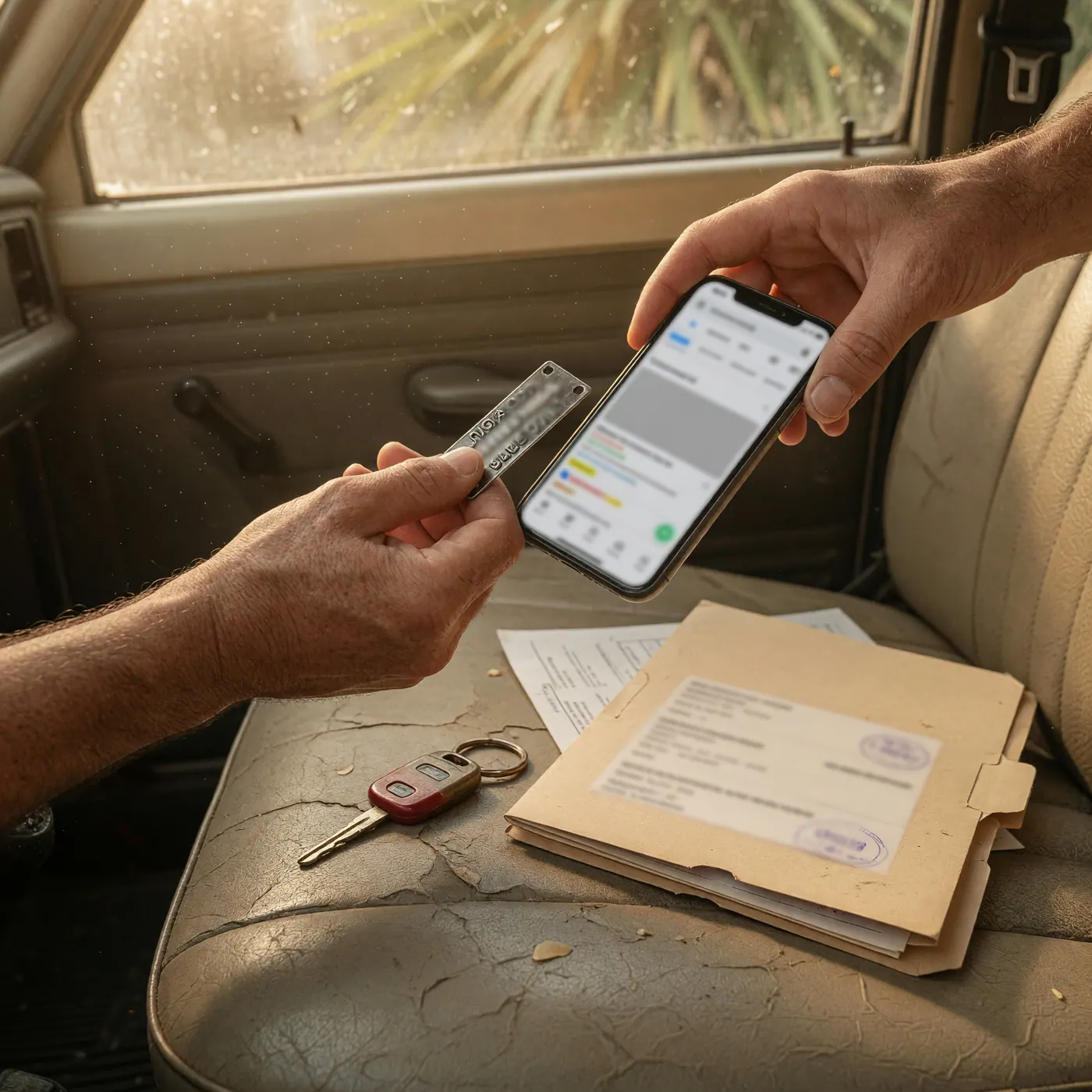Manos contrastando un documento con un teléfono de pantalla borrosa junto a una carpeta y una llave sobre el asiento