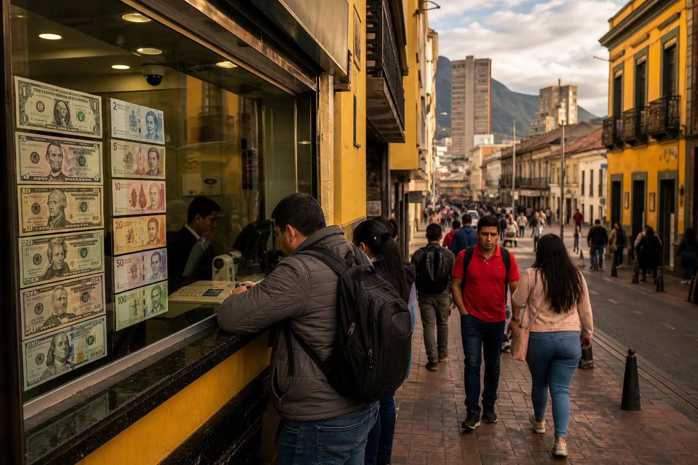 Casa de Cambio money exchange shop on a busy Bogotá street with Colombian peso signage