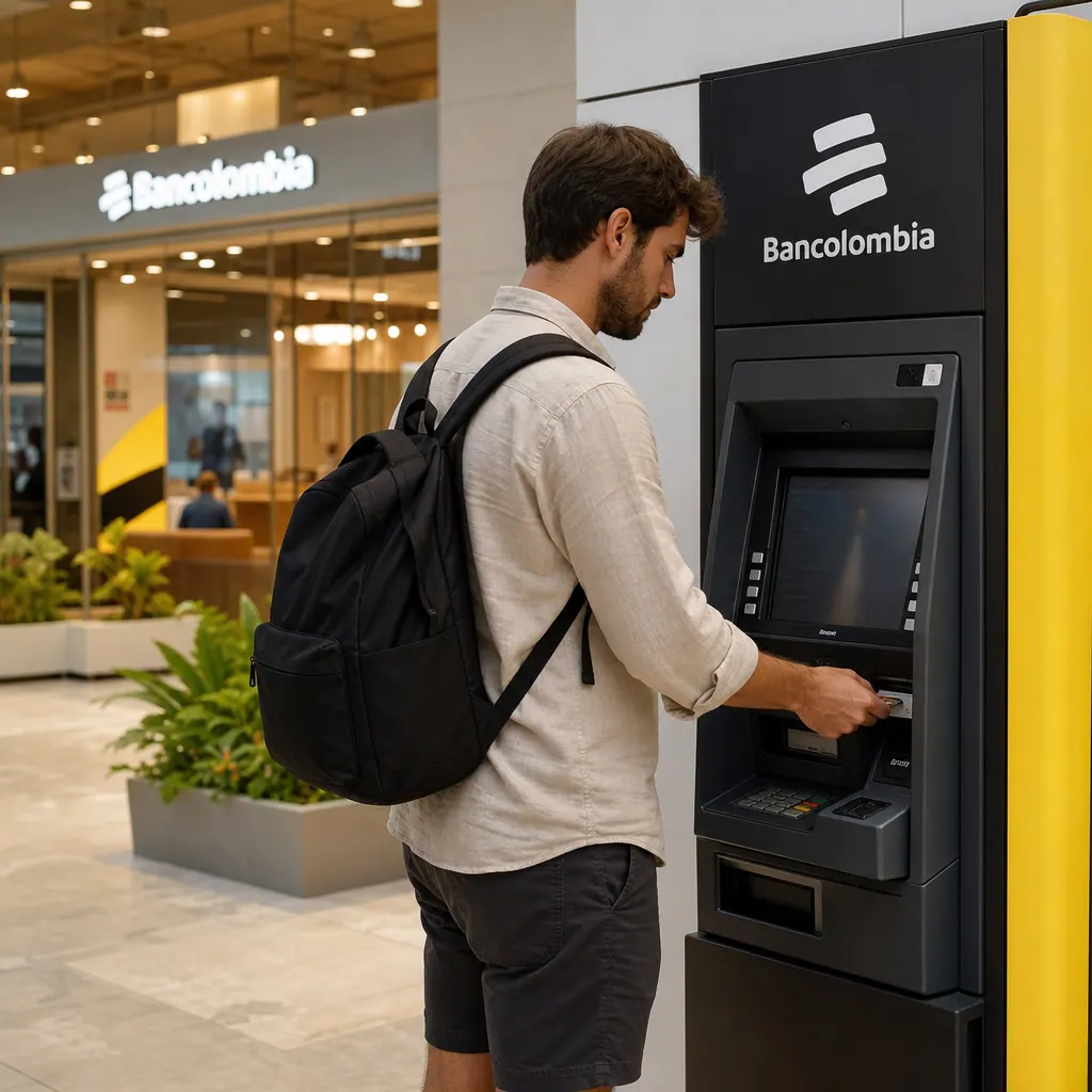 ATM machine at a Colombian bank with expat using debit card