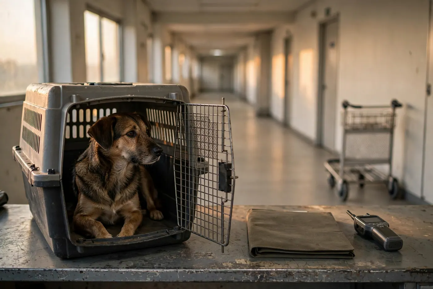 Medium-size dog sitting in an open travel crate beside a closed folder and a microchip scanner on a counter