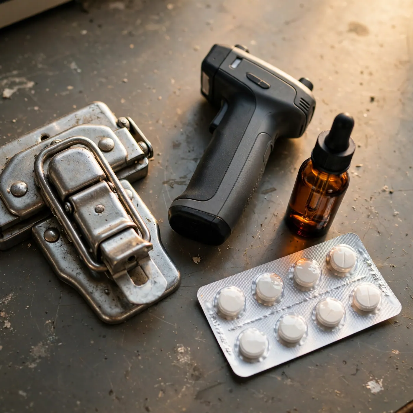 Crate latch, microchip scanner, amber dropper bottle and tablet blister on a scuffed office counter