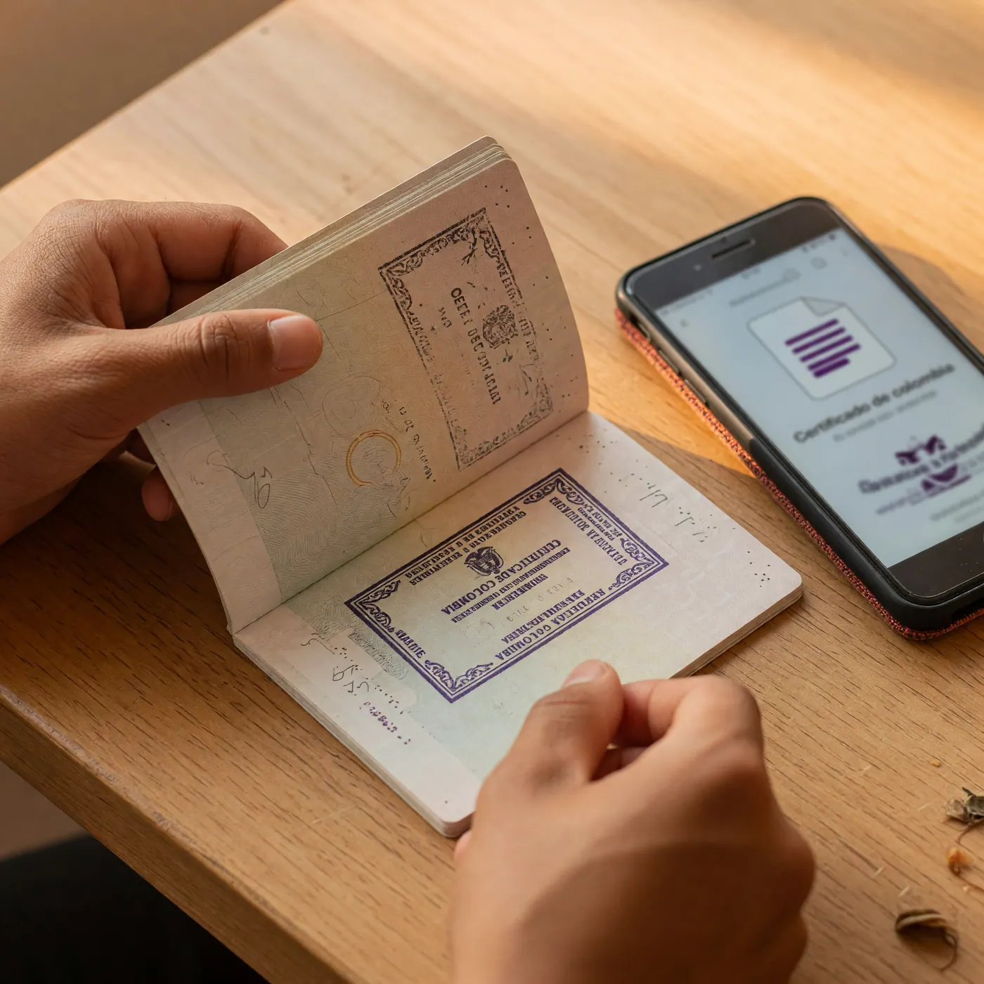 Hands holding a passport entry stamp page beside a phone displaying a digital certificate