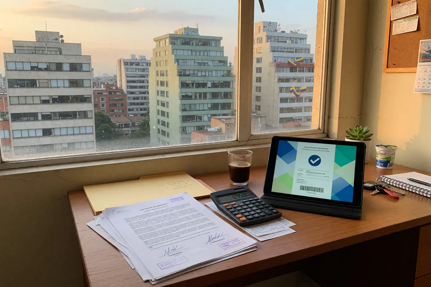Escritorio de oficina con contrato de arrendamiento, calculadora y tableta para facturación electrónica en Colombia