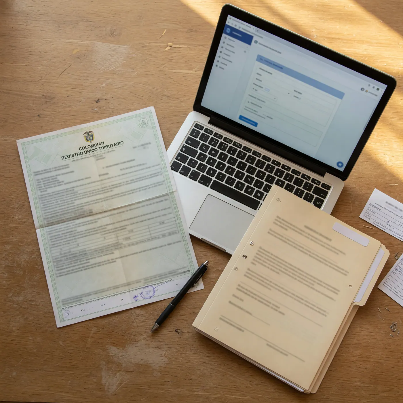 Registro Único Tributario RUT junto a un portátil para gestionar facturación electrónica ante la DIAN