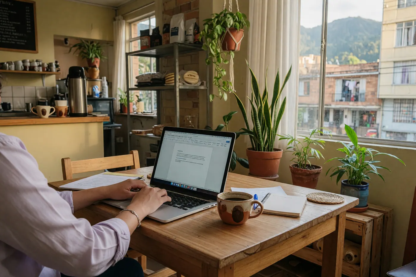 Profesional independiente trabajando con laptop en un café de Bogotá con un documento digital en pantalla
