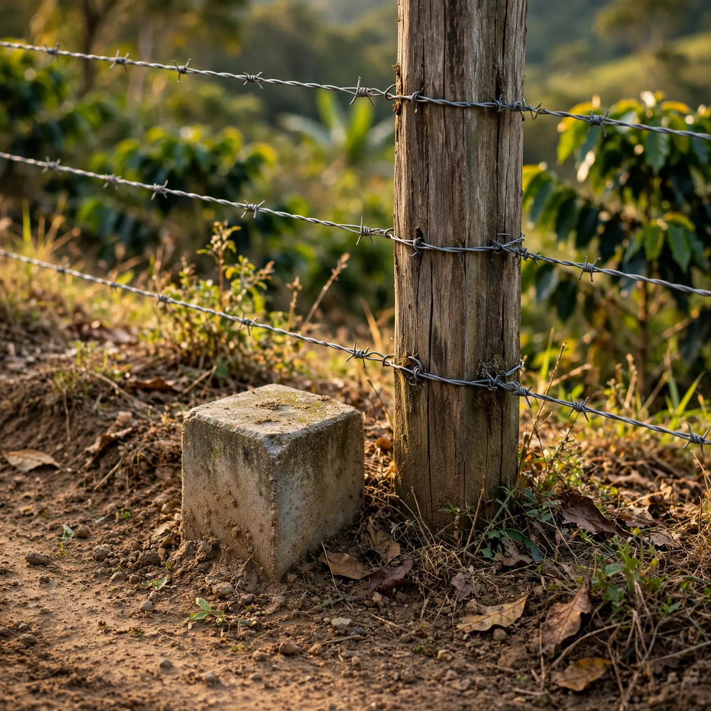 Corner of a wire-and-wood fence beside a dirt track with a concrete boundary marker in the grass