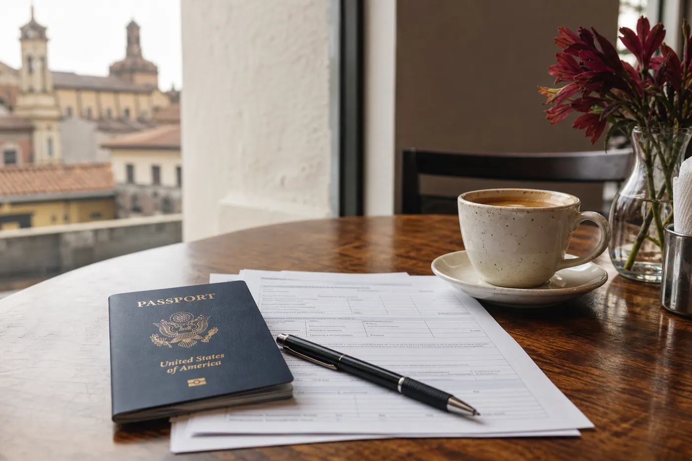 U.S. passport and renewal forms on a cafe table in Colombia