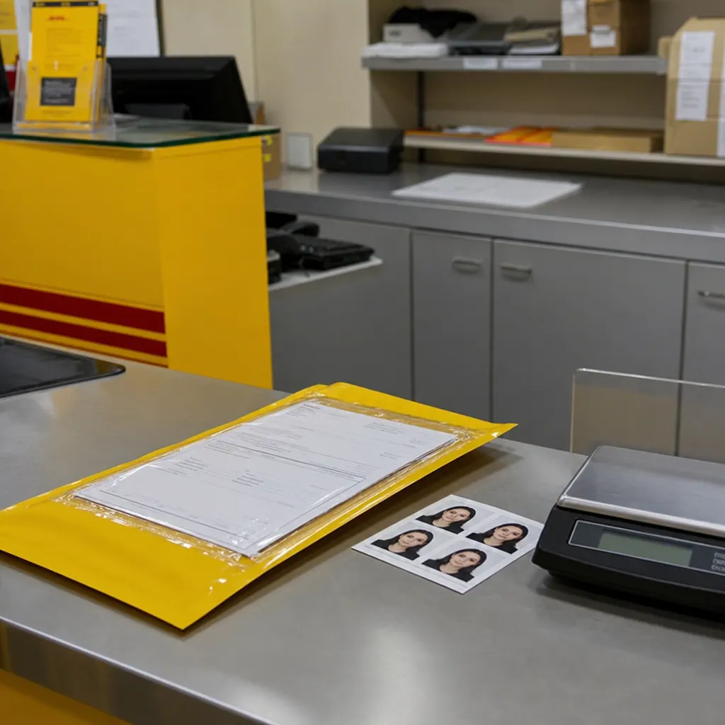 Courier counter in Colombia with a sealed passport renewal envelope